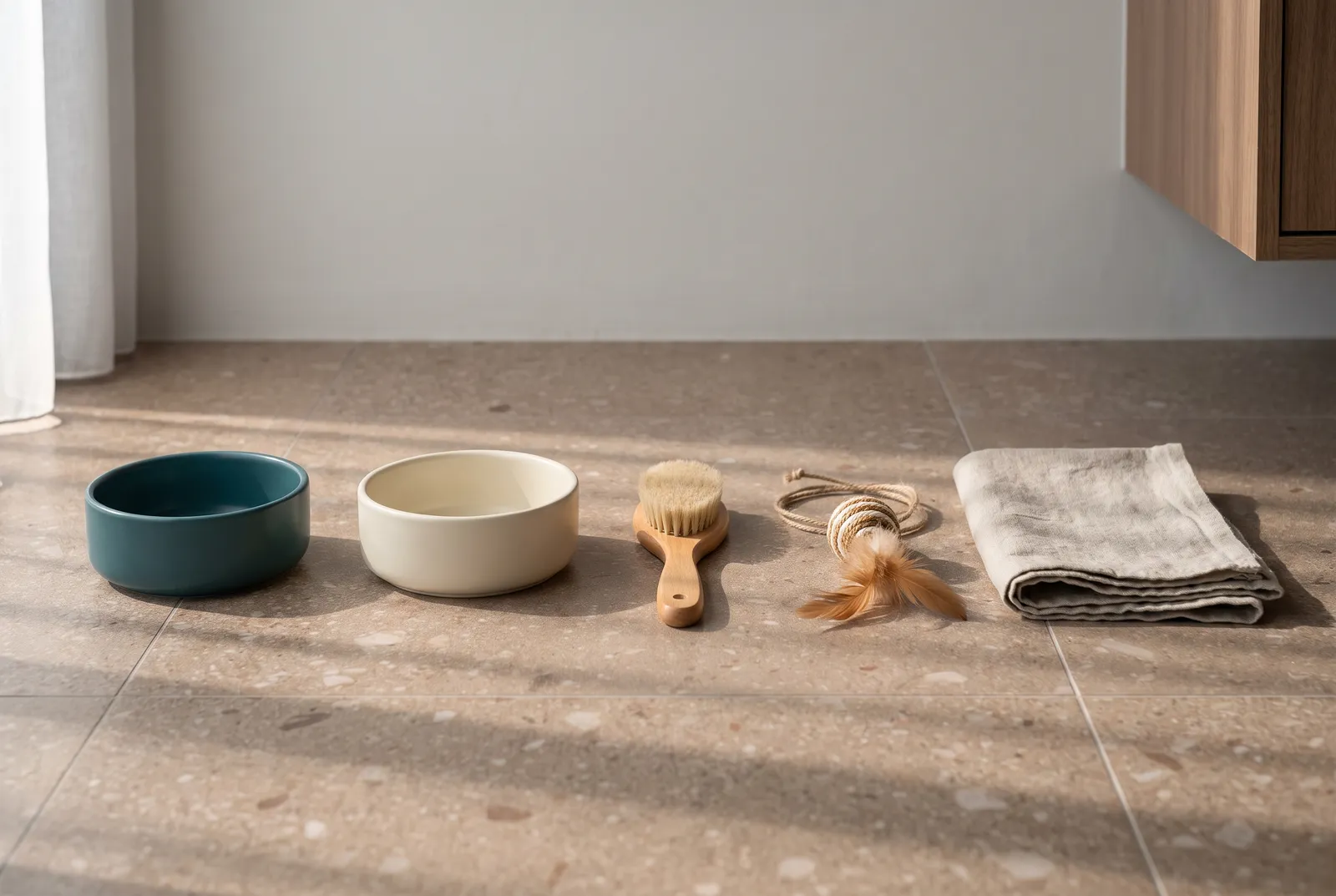 Cat bowls, a grooming brush, a toy and a folded towel set out in a row on a tiled floor