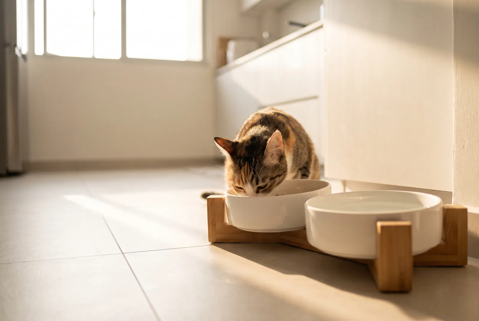 A cat eating from a ceramic bowl in a raised wooden feeder on a kitchen floor