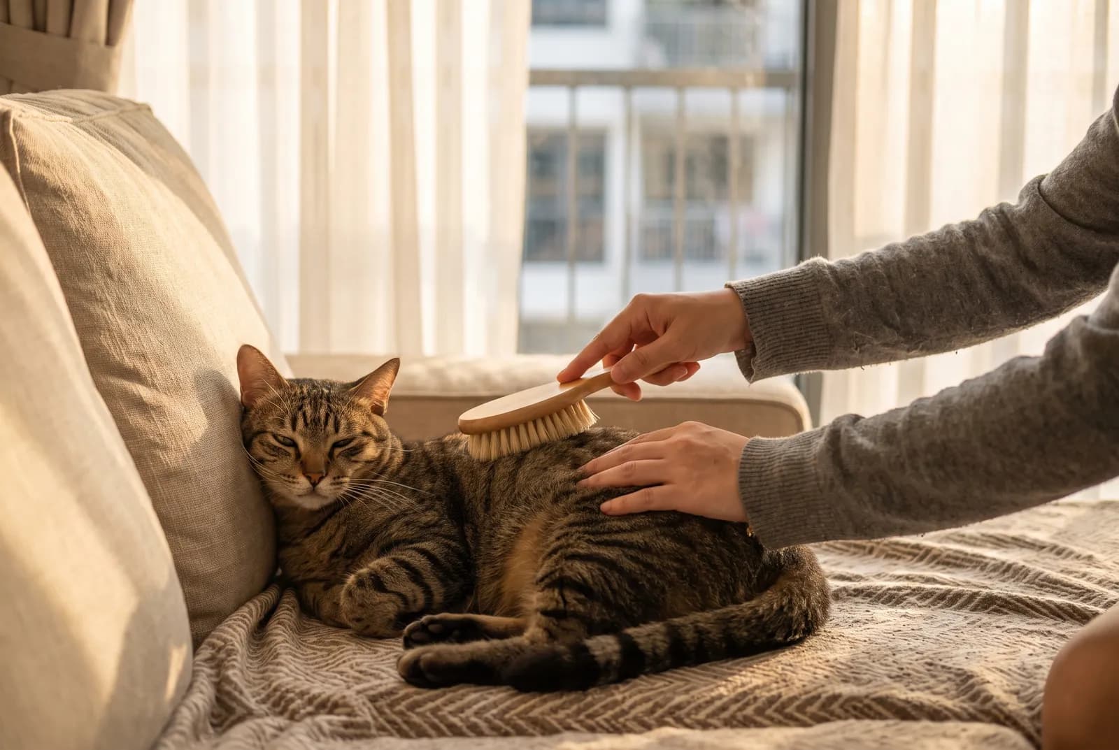 A pair of hands brushing a relaxed tabby cat resting on a sofa
